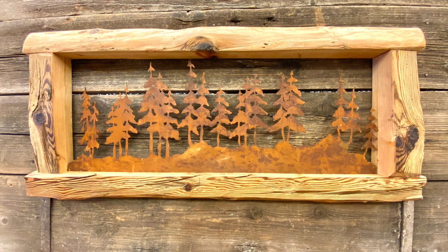 Larch forest with wooden frame