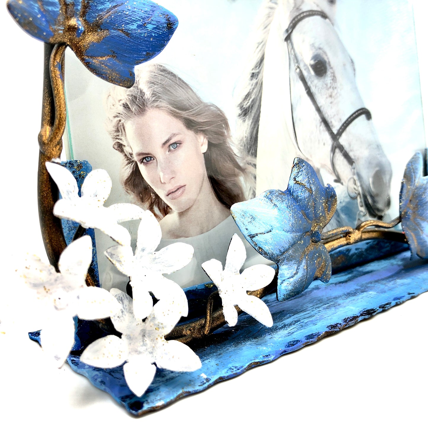 Portafoto verticale blu con fiorellini