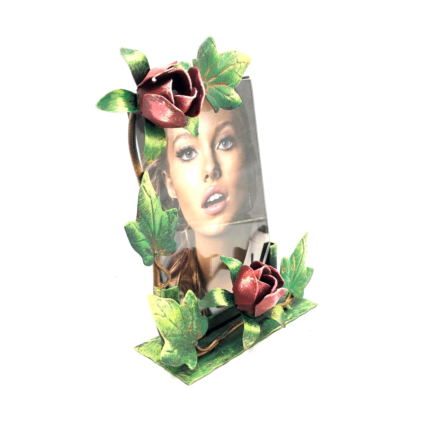 Green vertical photo frame with roses