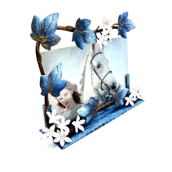Portafoto orizzontale blu con fiorellini
